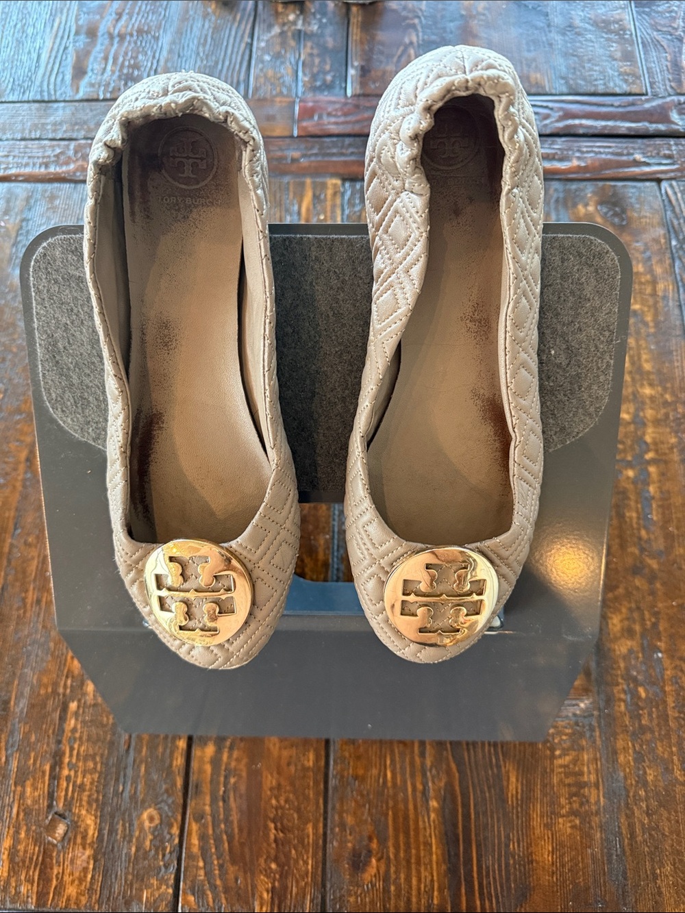 Tory Burch Taupe Quilted Logo Round-Toe Ballet Flats